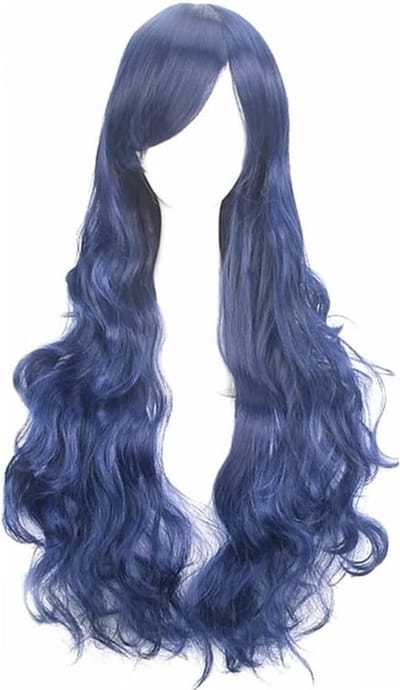 Langgolvende Cosplay Haarstuk voor Vrouwen met Pony - Donkerblauwe Lange Krullende Synthetische Peruk voor Anime, Halloween en Feestjes