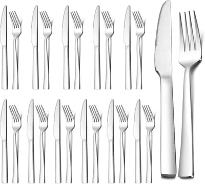 Steakbestek Set van RVS voor 12 Personen, 12 Tafelmessen en 12 Tafelforks, Ideaal voor Thuis, Restaurant en Hotel, Vaatwasserbestendig en Hoogglans Gepolijst