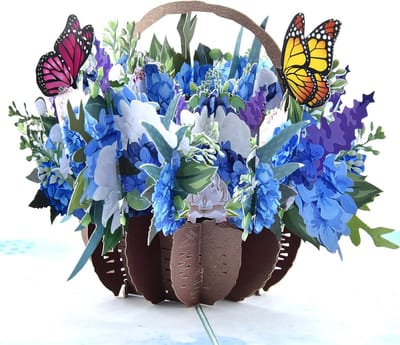 3D Pop-up Wenskaart met Blauwe Hortensia Bloemenmand - Verjaardag, Moederdag, Jubileum & Meer