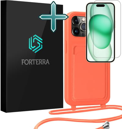 Hoesje Geschikt voor iPhone 14 Pro Pashouder Case Siliconen Hoes Met Koord Met Screenprotector - Hoes Geschikt voor iPhone 14 Pro Met Telefoonkoord Hoesje Back Cover Met Pasjeshouder - Papaya