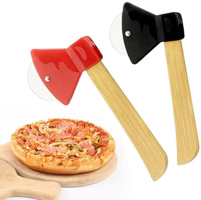 2 stuks asvormige pizzasnijder-bamboe handvat-scherp draaiend mes-voor pizza-brood-taart-rood-+-zwart-keukenaccessoire
