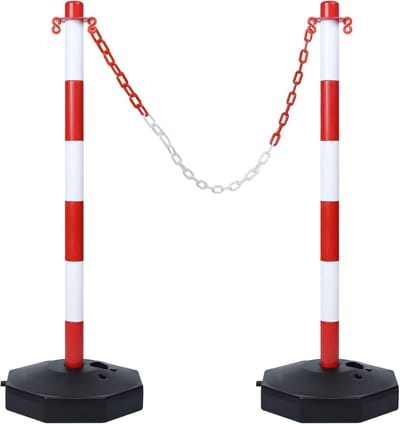 Set van 2 Verkeerspalen met Ketting voor Tijdelijke Afzetting en Waarschuwing (Rood/Wit)