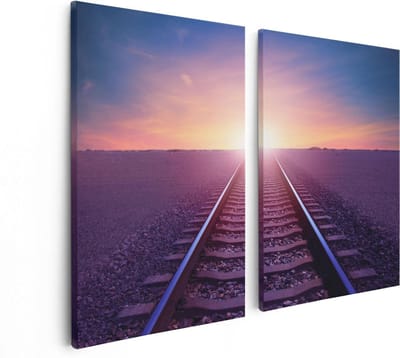 Artaza Canvas Schilderij Tweeluik Rails Spoorweg In De Woestijn Bij Zonondergang - 80x60 - Foto Op Canvas - Canvas Print