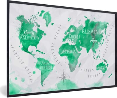 Poster in lijst - Fotolijst 90x60 cm - Posters - Wereldkaart - Olieverf - Groen - Posterlijst zwart - Decoratie - Wanddecoratie woonkamer - Muurdecoratie slaapkamer