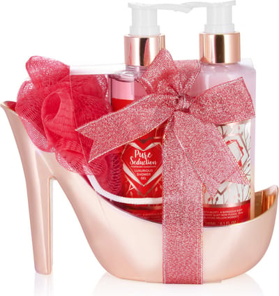 BRUBAKER Cosmetics 4-Delig Bad en Doucheset - Raspberry Champagne - Cadeautip Vrouw - Cadeau Idee - Verzorgingsset Geschenkverpakking in Rosé Goud - Pump - Cadeau - Bodylotion - douchegel - Moederdag Cadeautje