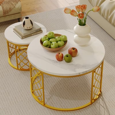 REDOM Salontafel Set van 2 – 70x70x45 cm & 44x44x45 cm – Nesttafels met Marmerlook Tafelblad – Voor Woonkamer – MDF & IJzeren Frame – Wit & Goud