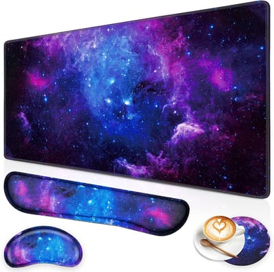 Bureauonderlegger set - XXL muismat - Thuiswerk kantoor - 4-delig met polsondersteuning - 90x40cm - Blauwe Melkweg