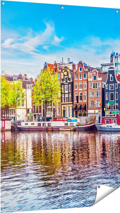 Gards Tuinposter Amsterdamse Huisjes aan het Water - 100x150 cm - Tuindoek - Tuindecoratie - Wanddecoratie buiten - Tuinschilderij