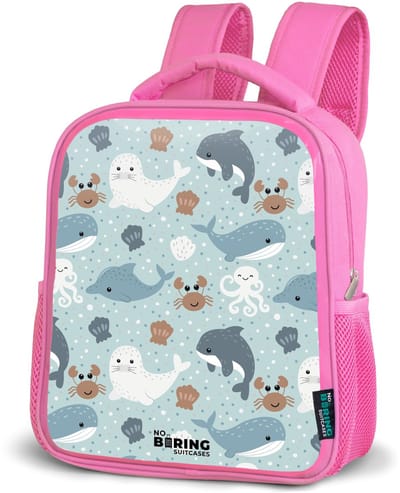 NoBoringSuitcases.com® - Rugzak roze - Schooltas meisjes - Zeedierenpatroon met dolfijnen, zeehonden en krabben - Kinder rugtas meisje - Boekentas kind - Kinderrugzak voor school - Schoolrugzak