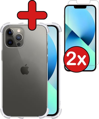 Hoesje - Met Screenprotector - 2 Stuks - Geschikt voor Apple iPhone 14 Pro - Sterk & Shockproof - Back Cover - Siliconen Case - Telefoon Hoes - Shock Proof - Telefoonhoes - Transparant