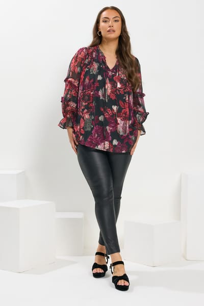 Yours Zwartroze Bloemen Metallic Blouse Met Strikkraag Size 42