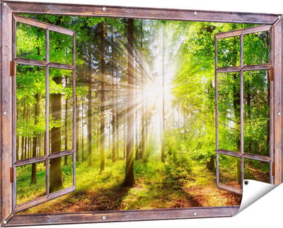Gards Tuinposter Doorkijk Bos met Zon tussen de Bomen - 150x100 cm - Tuindoek - Tuindecoratie - Wanddecoratie buiten - Tuinschilderij