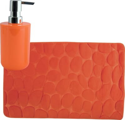 MSV badkamer droogloop mat/tapijt Kiezel motief - 50 x 80 cm - zelfde kleur zeeppompje 260 ml - oranje