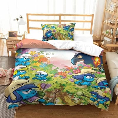 Housse de couette Schtroumpfs Motif Animé Mignon Impression 3D Ensemble de literie Elfes Bleus Pour Adolescents Adultes Avec Fermeture Éclair Décoration de Chambre AU Double(180*210cm)3pcs