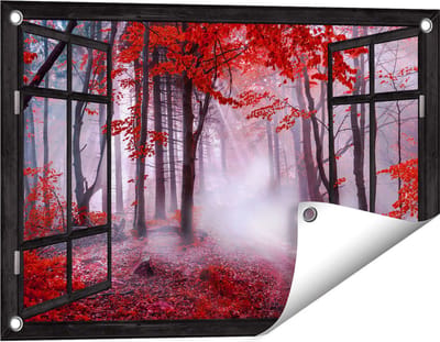 Gards Tuinposter Doorkijk Rood Bos met Bomen - 60x40 cm - Tuindoek - Tuindecoratie - Wanddecoratie buiten - Tuinschilderij