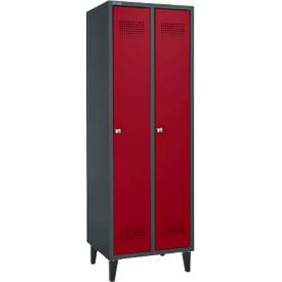Schäfer Shop Genius Kledinglocker met poten, 2 compartimenten, B 630 x D 500 X H 1850 mm, cilinderslot, antraciet RAL 7016/rood