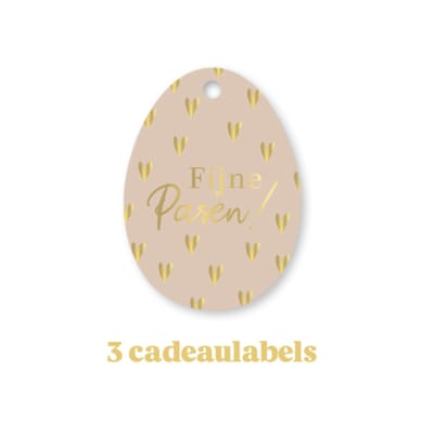 3x Cadeaulabel - VROLIJK PASEN - Beige - goudfolie - paasei - paashaas - kaartje - naamkaartje - cadeautag - hangtag - cadeauhanger - leuk inpakken - naamlabel - cadeauversiering -