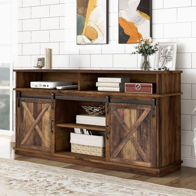 MODENUIT Tv-Meubel - Met Schuifdeuren En Verstelbare Planken - Voor Woonkamer - Spaanplaat - Bruin - 148x40x78 Cm
