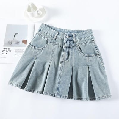Klassieke Denim Rok voor Dames in de Zomer Bijgewerkte Hoge Taille Slanke A-lijn Geplooide Korte Rok M gray
