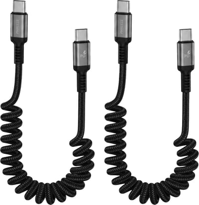 2x USB C Kabel Uitrekbaar 1.5M Krulsnoer 60W - USB C naar USB C - Krulkabel & Spiraalkabel - Oplaadkabel & Datakabel - Nylon Gevlochten - Sterk - Lange Levensduur -Ideaal voor Auto - 1.5 Meter - Zwart