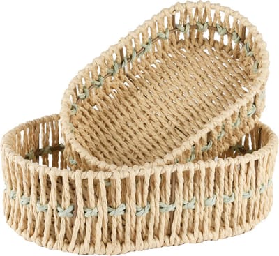 Dekoratief | Set 2 manden ovaal, naturel/groen, jute, 30x20x9cm | A250076