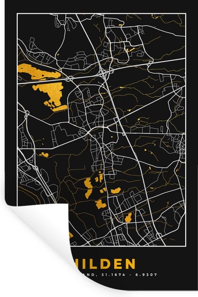 Muurstickers - Sticker Folie - Duitsland – Black and Gold – Hilden – Stadskaart – Kaart – Plattegrond - 20x30 cm - Plakfolie - Muurstickers Kinderkamer - Zelfklevend Behang - Zelfklevend behangpapier - Stickerfolie