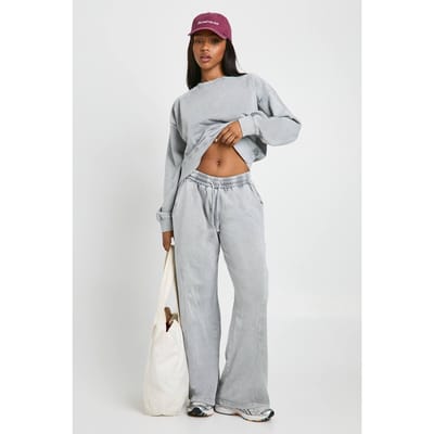 boohoo Dames Gewassen geribbelde detail rechte pijp trainingspak | Houtskool | Maat: XS