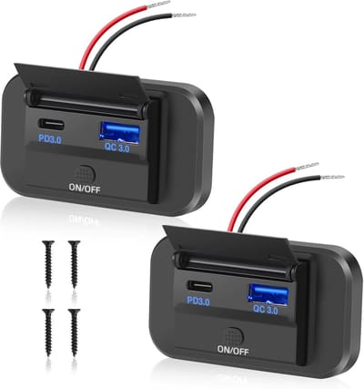 Dual USB C oplaadbus, stopcontact, 12 V, autolader, 36 W, QC3.0, USB & 55 W PD Type C, mobiele telefoon, snel opladen, waterdicht, met schakelaar, voor 12 V/24 V, auto, boot, camper