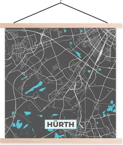 Posterhanger incl. Poster 40x40 cm - Schoolplaat - Kaart – Plattegrond – Stadskaart – Hürth – Duitsland – Blauw - Textielposter - Blanke latten - Stadskaart