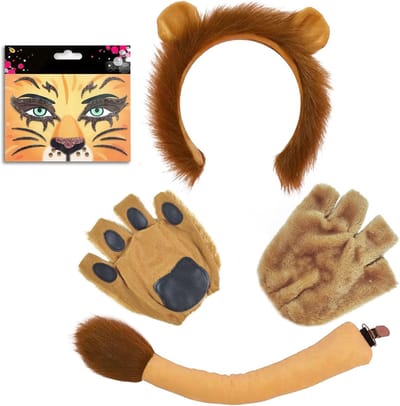 Lion Kostuum Accessoires Set voor Kinderen en Volwassenen - Oren, Hoofdband, Handschoenen, Staart en Gezichtsverf voor Cosplay, Verjaardagsfeest, Toneel en Halloween