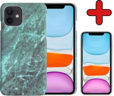 Hoesje Geschikt voor iPhone 11 Hoesje Marmer Hardcover Fashion Case Hoes Met Screenprotector - Hoes Geschikt voor iPhone 11 Marmer Hoesje Hardcase Back Cover - Groen