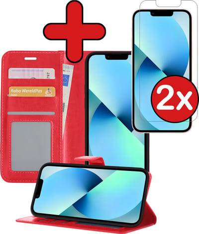 Hoesje - Met 2x Screenprotector - Geschikt voor Apple iPhone 13 Mini - Luxe Pasjeshouder - Flip Case - Bookcase Portemonee - Kunstleer Book Case - Flipcase Hoes - Book Cover - Walletcase - Portemonneehoes - Telefoonhoes - Rood