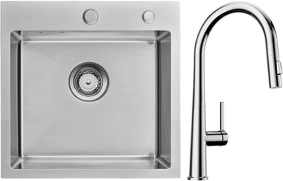 Auralum max Spoelbak RVS 45x45 cm - Spoelbakken Keuken Met C-uitloop Keukenkraan - Wasbak Keuken Met Waterafvoersysteem - RVS