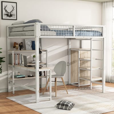 Hoogslaper, 140*200 cm, ijzeren bed, opbergladder, meerdere legplanken, zonder matras, inbouwkast, bureau, wit