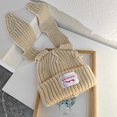 Schattige Konijn Lange Oren Wolmuts voor Dames in Herfst en Winter Warmte en Dikke Oorbescherming en Koudebescherming Gebreide Muts Trend average size gray