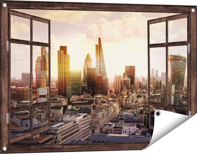 Gards Tuinposter Doorkijk Londen bij Zonsondergang in een Moderne Wijk - 90x60 cm - Tuindoek - Tuindecoratie - Wanddecoratie buiten - Tuinschilderij