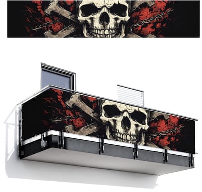Balkonscherm 500x100 cm - Balkonposter Schedel - Kettingen - Rood - Balkon scherm decoratie - Balkonschermen - Balkondoek zonnescherm