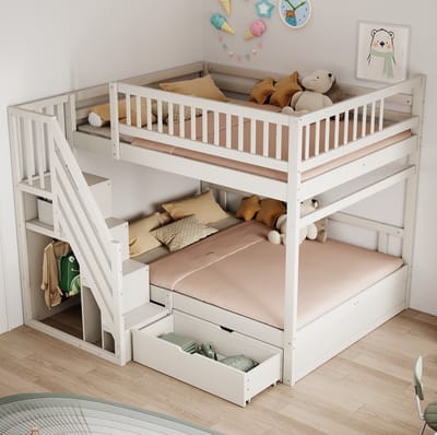 COVREO Stapelbed met ladder – 205x145x173,5 cm – Kinderbed voor 2 – Lattenbodems met bedlade – Wit - zonder matras