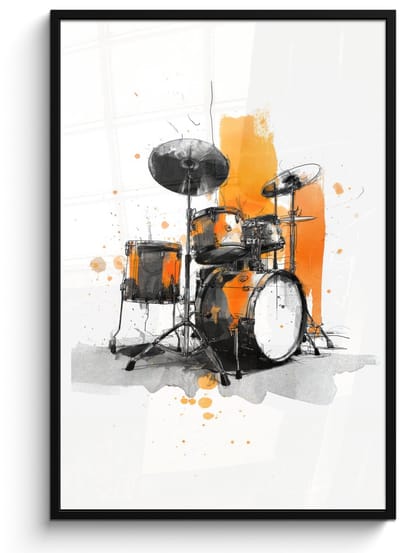 Poster in lijst - Fotolijst 80x120 cm - Posters - Drumstel - Oranje - Zwart - Aquarelverf - Posterlijst zwart - Decoratie - Wanddecoratie woonkamer - Muurdecoratie slaapkamer