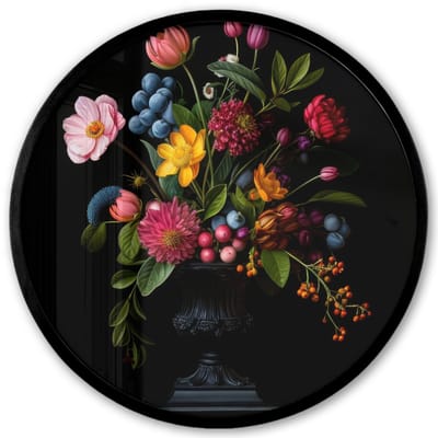 Poster in lijst Rond - Fotolijst 40x40 cm - Posters - Bloemen - Vrolijk - Vaas - Ronde posterlijst zwart - Decoratie - Wanddecoratie woonkamer - Muurdecoratie slaapkamer