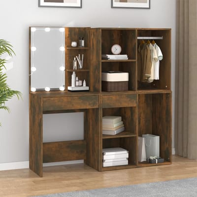 vidaXL - Kaptafel - met - kastjes - en - LED's - bewerkt - hout - gerookt - eikenkleurig