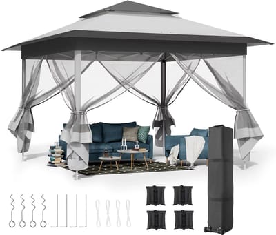 Jessi Store - Partytent - Paviljoen - Tuinpaviljoen - Opvouwbaar - 4 Muskietennetten - Hoogte Verstelbaar - 333x333x291cm - Grijs
