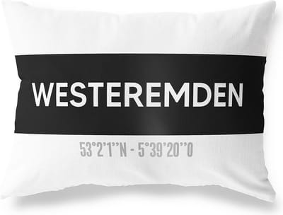 Tuinkussen WESTEREMDEN - GRONINGEN met coördinaten - Buitenkussen - Bootkussen - Weerbestendig - Jouw Plaats - Studio216 - Modern - Zwart-Wit - 50x30cm