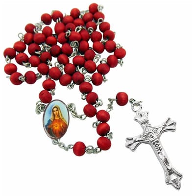 Fako Bijoux® - Ketting - Rozenkrans - Maagd Maria - Sandelhout - Rood