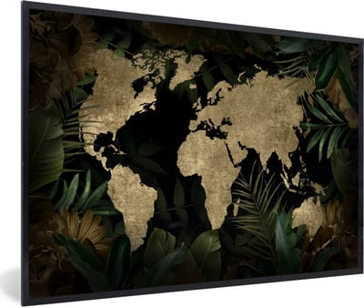 Poster in lijst - Fotolijst 90x60 cm - Posters - Wereldkaart - Vintage - Tropische Planten - Posterlijst zwart - Decoratie - Wanddecoratie woonkamer - Muurdecoratie slaapkamer