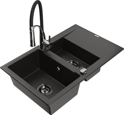 Mexen Gaspar granieten gootsteen 1,5-kamer met afdruiprek en keukenmengkraan Aster, zwart/goud metallic - 6507-75-73450-07-B