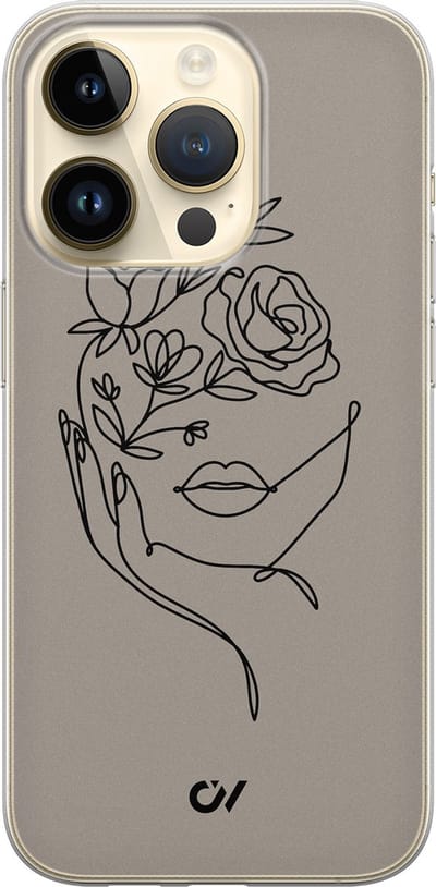 Hoesje geschikt voor Apple iPhone 14 Pro - Oneline Face Flower - - Grijs - Apple - Casevibes