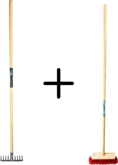 Synx Tools Tuinhark 10 Tanden verzinkt + Nylon Straatbezem 30 cm - Kunststof haren - Bodembewerkers - Onkruidverwijderaar – Schrobborstels – Buitenbezem met steel 150 cm – Hark met steel 150 cm