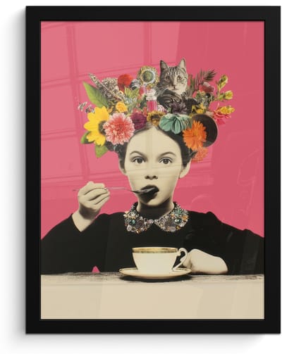 Poster in lijst - Fotolijst 30x40 cm - Posters - Meisje - Kopje - Bloemen - Roze - Posterlijst zwart - Decoratie - Wanddecoratie woonkamer - Muurdecoratie slaapkamer
