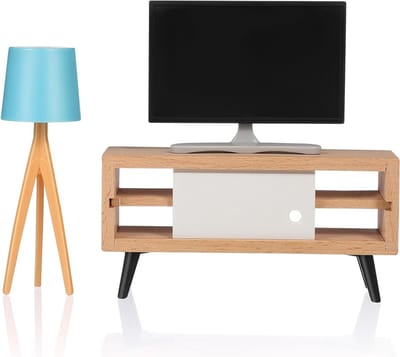 Miniatuur Poppenhuis Meubels Set - Houten TV Kast, Tafellamp en Eetkamer Accessoires voor Rollenspel in Woonkamer en Slaapkamer